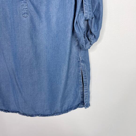 Anne Klein Small S Blue Chambray 3/4 Roll Tab Sleeve Blouse Top Split V Neck - Picture 3 of 9